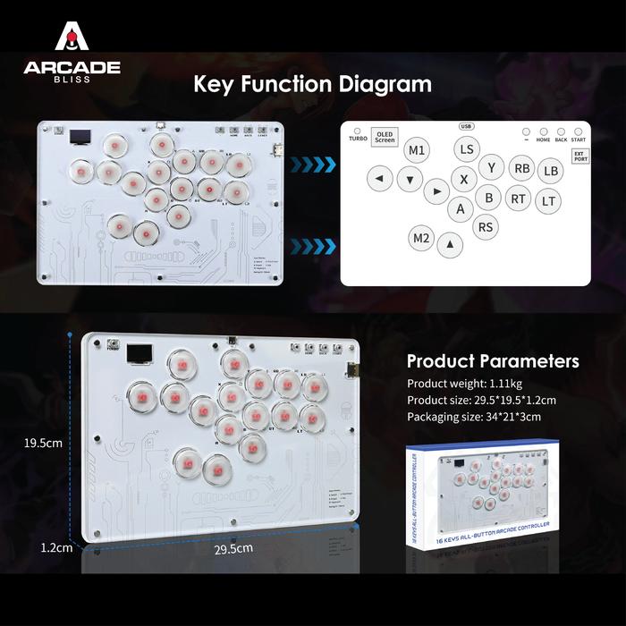 TOPWOLF HONSON T16 White Arcade Fighting Leverless Controller All Button OLED RGB