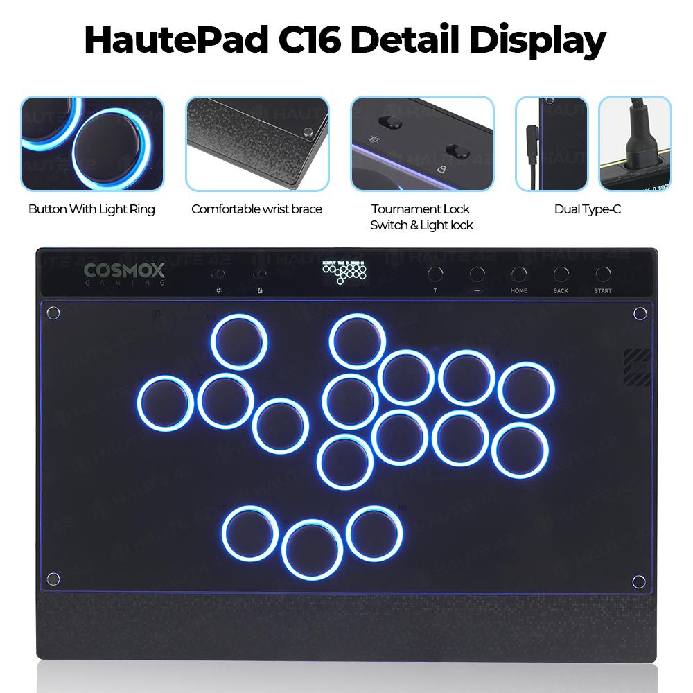Haute42 C16 Button Rim RGB Cosmox Hautepad Aluminium Arcade Joystick Controller Haute Leverless Fighting Stick Fightstick All Button Gamepad