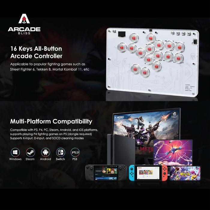TOPWOLF HONSON T16 White Arcade Fighting Leverless Controller All Button OLED RGB